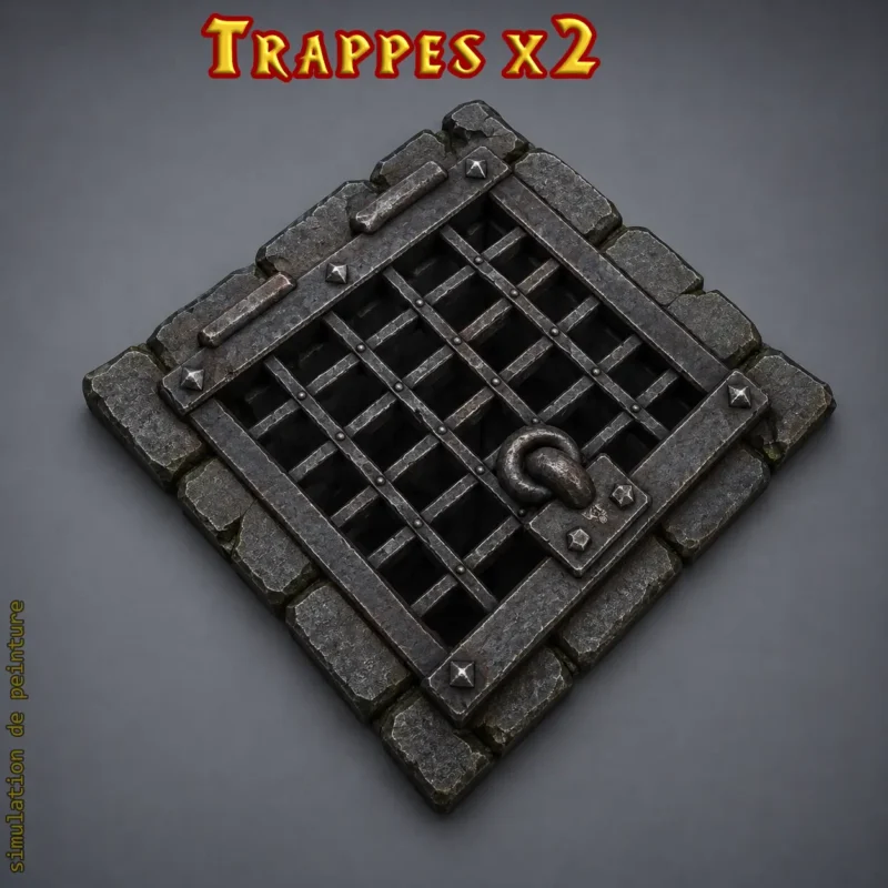 Trappes HeroQuest 3D peinte — grille métal barreaux croisés anneau pierre PLA+ noir atelier breton