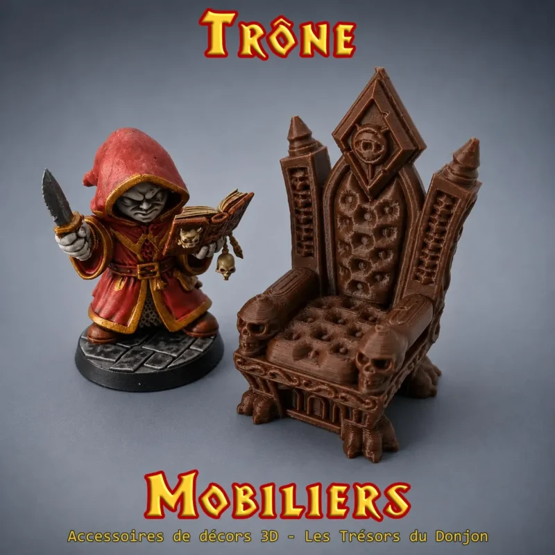 trone heroquest (1) Trône HeroQuest 3D peint — crânes, œil mystique, velours rouge, décor salle boss PLA+ atelier breton