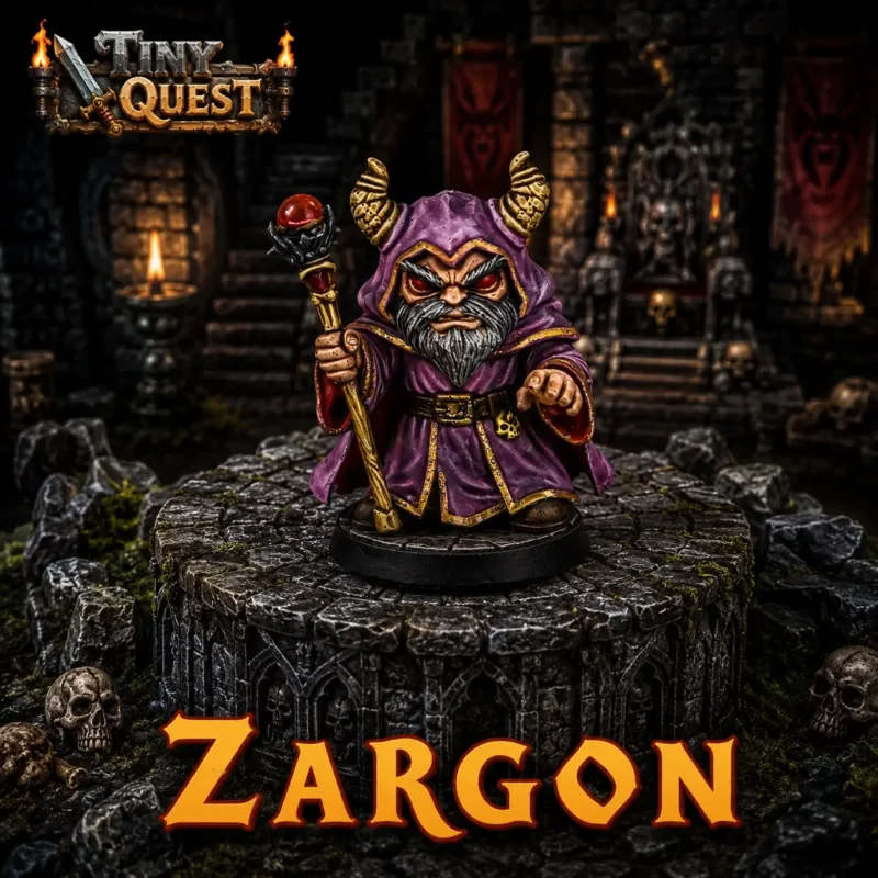 zargon-tinyquest (1) Figurine Zargon/Sorcier maléfique TinyQuest compatible HeroQuest, socle 25mm, peinture d'exemple.