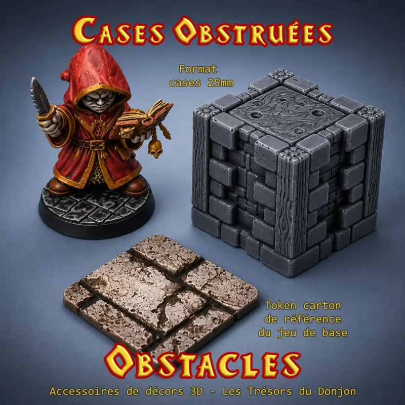 Cases obstruées 25mm- murs obstacles Heroquest bloc obstacle noir PLA+ pour peintres figurines