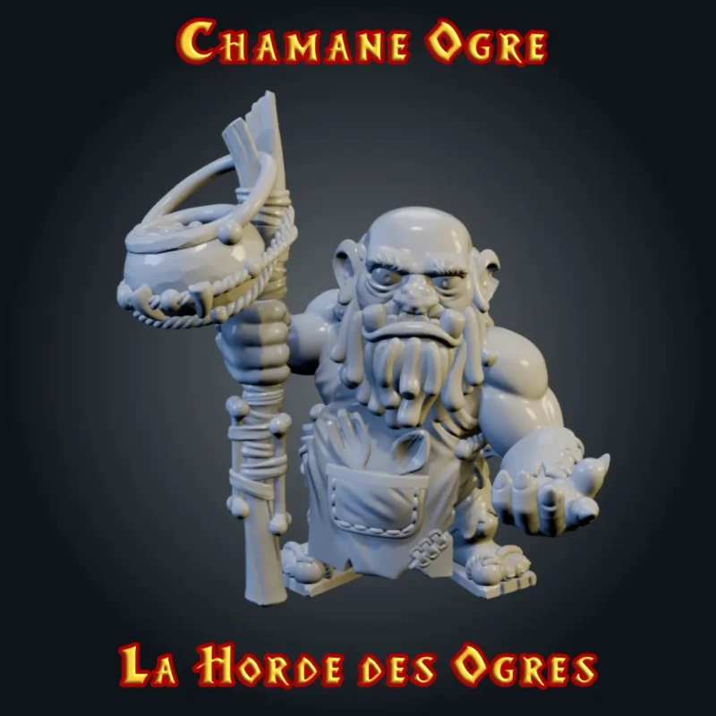 Chamane Ogre figurine chamane ogre en résine, bâton à chaudron, gamme La Horde des Ogres, imprimée 3D en atelier breton