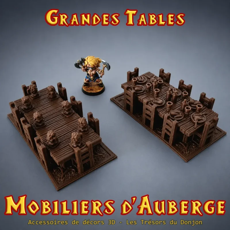 grande table d'auberge médiévale 3D PLA+ marron décor JDR modèle A et B