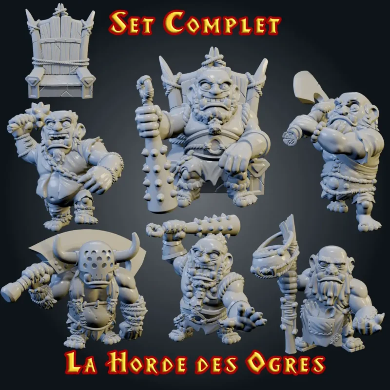 La horde des ogres - set de figurines complet set figurines ogre HeroQuest en résine, La Horde des Ogres avec trône, imprimées 3D en atelier breton