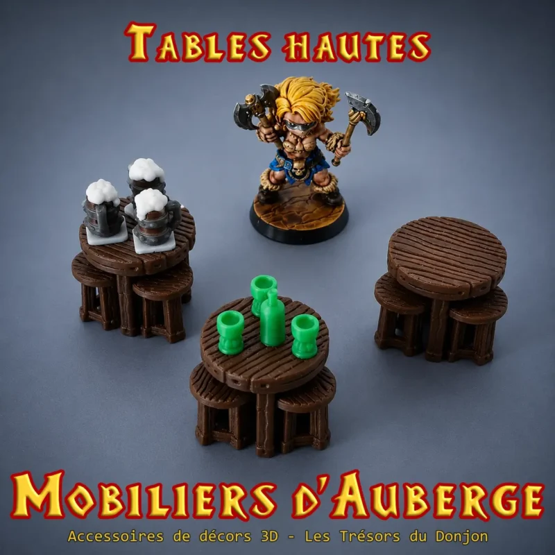 Tables hautes d'auberge table haute d'auberge médiévale 3D décor JDR PLA+ marron 3 modèles