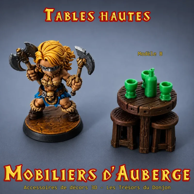 table haute auberge 3D modèle B bouteille gobelets verts décor JDR