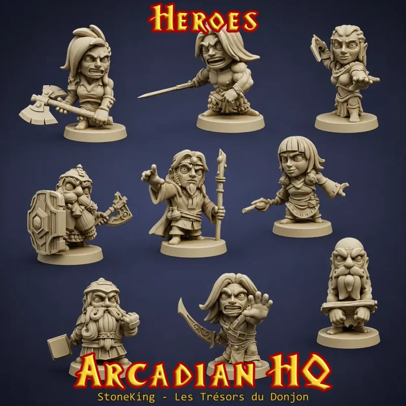 figurines héros HeroQuest chibi 3D Arcadian HQ Heroes StoneKing résine 12K