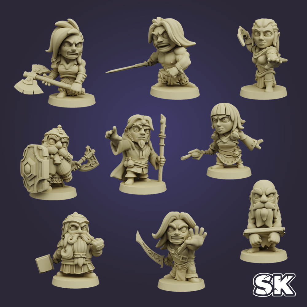 conjunto-hqheroes figurines héros HeroQuest chibi 3D Arcadian HQ Heroes StoneKing résine 12K