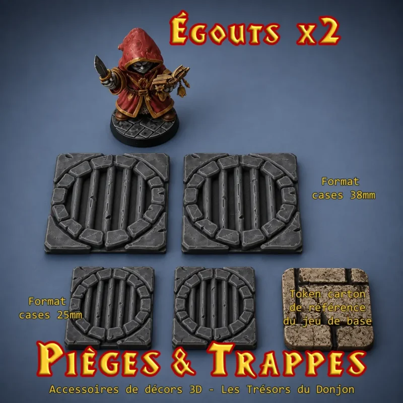 Égouts HeroQuest 3D peint — grille ronde barreaux fer pierre fissurée PLA+ noir atelier breton