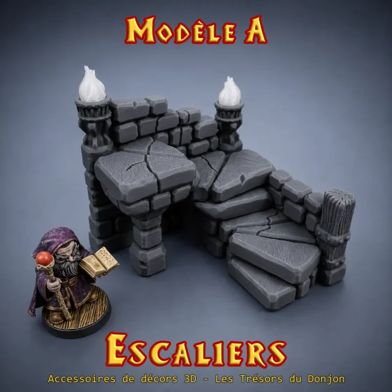 Escaliers HeroQuest 3D Modèle A — montée avec autel voûté torche et chandelles, PLA+ atelier breton