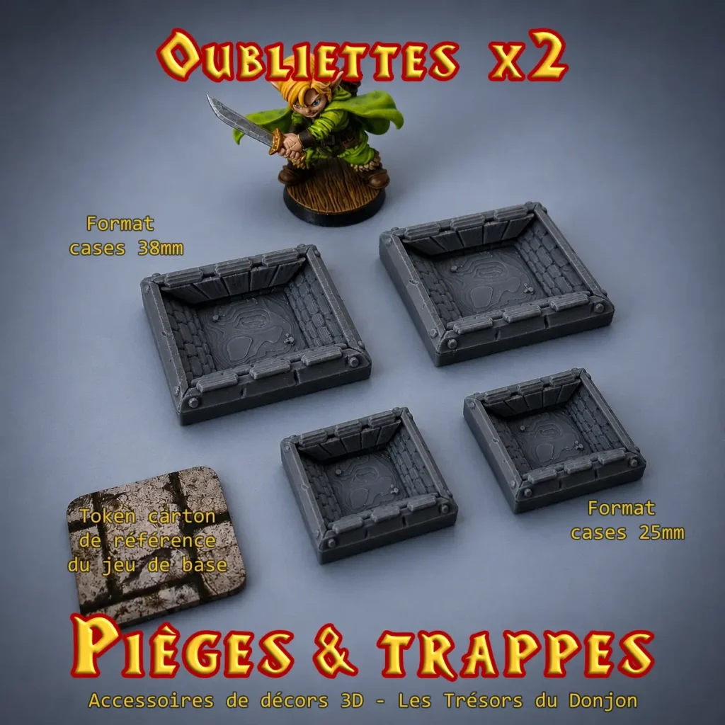 Oubliettes HeroQuest 3D peinte — trappe piège de sol bois pierre PLA+ noir atelier breton