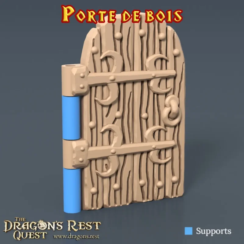 battant porte de bois donjon 3D PLA+ ferrures croissant