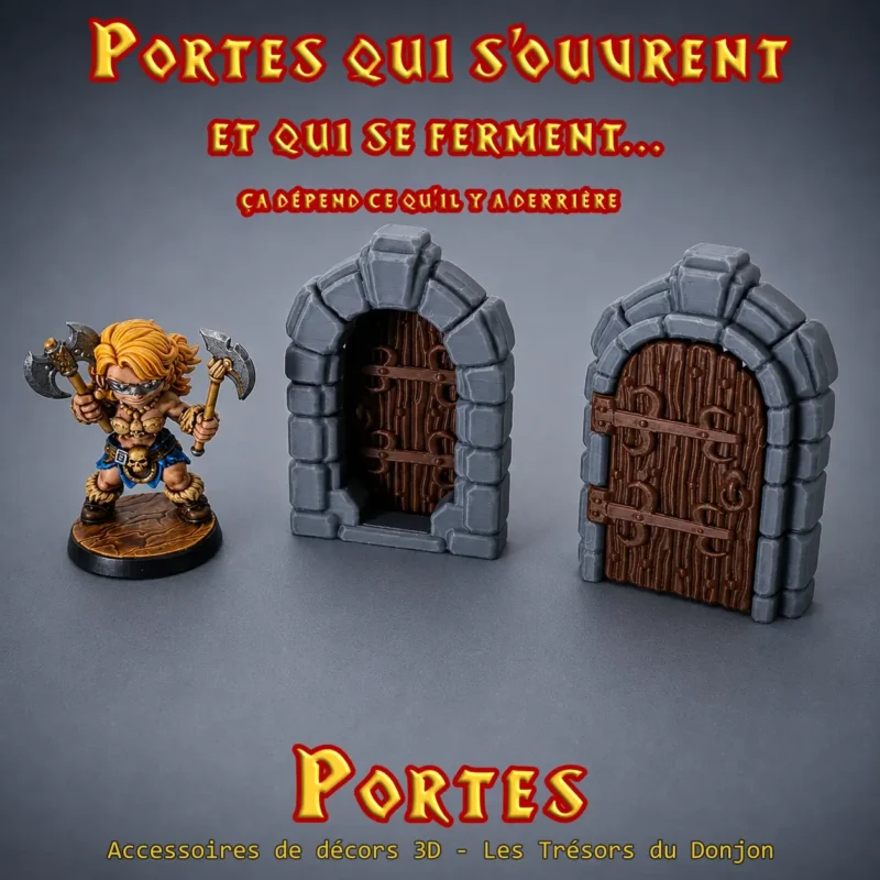 porte fonctionnelle donjon 3D encadrement pierre gris battant bois marron