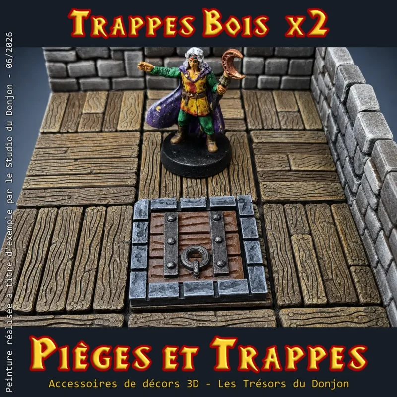 trappe en bois mise en situation sur plateau heroquest avec figurine de l'enchanteur