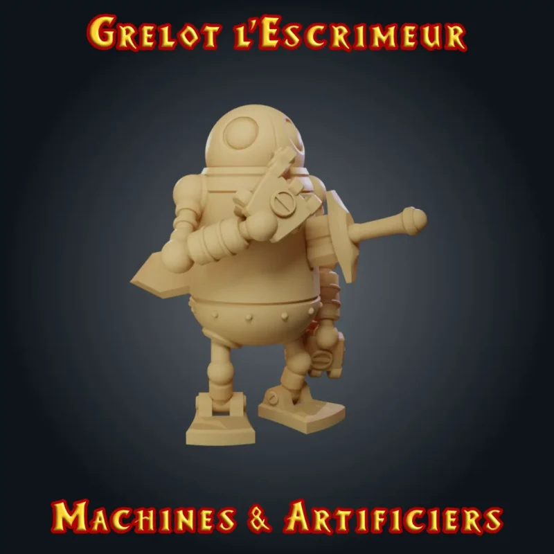 Figurine Grelot - robot Figurine automate JDR : Grelot, robot mécanique à l'épée, imprimé en résine en atelier breton, base ronde ou carrée