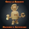 Gnôle le Remonté Figurine Gnôle : gobelin dans un robot-tonneau à clé de remontage, bras marteau et bras pince, résine imprimée en atelier breton, base ronde ou carrée