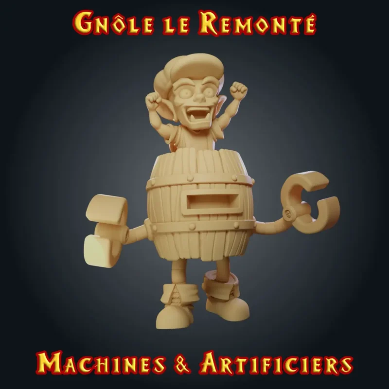 Gnôle le Remonté Figurine Gnôle : gobelin dans un robot-tonneau à clé de remontage, bras marteau et bras pince, résine imprimée en atelier breton, base ronde ou carrée