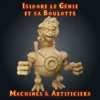 Isidore le Génie et sa Boulotte Figurine Isidore : gnome artificier juché sur son robot mécanique à gros œil, résine imprimée en atelier breton, base ronde ou carrée