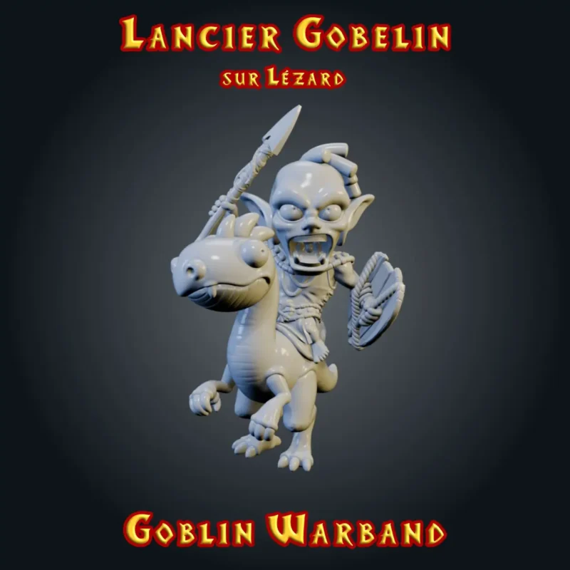 Lancier gobelin figurine gobelin sur lézard avec lance et bouclier en résine, Goblin Warband, imprimée 3D en atelier breton