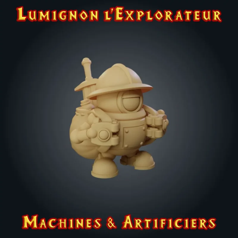 Lumignon Figurine compagnon JDR : Lumignon, robot explorateur à un œil avec casque de mineur et sac à dos, résine imprimée en atelier breton