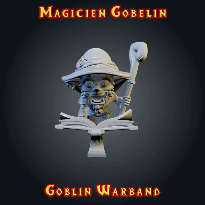 Magicien gobelin figurine magicien gobelin en résine, chapeau de sorcier et grimoire ouvert, Goblin Warband, imprimée 3D en atelier breton