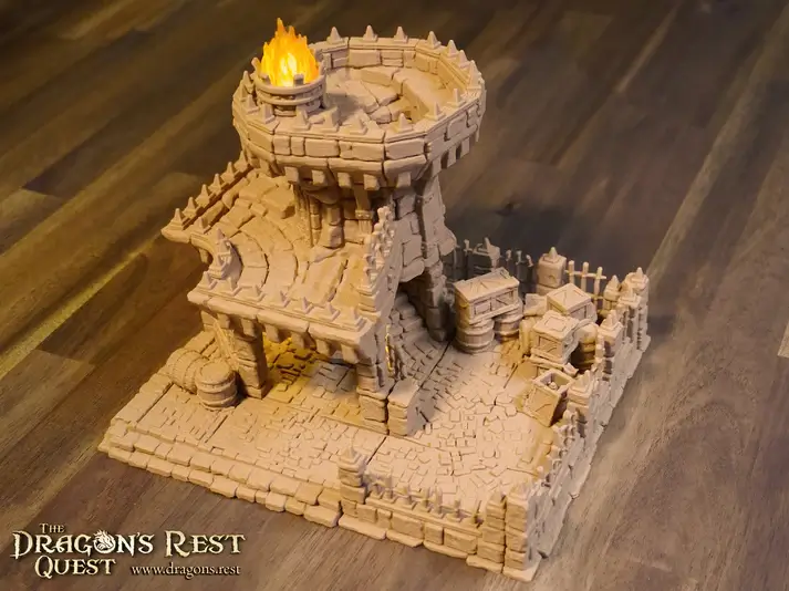 tour à dés donjon 3D avec brasier LED, accessoire JDR HeroQuest, imprimée PLA+ en atelier breton