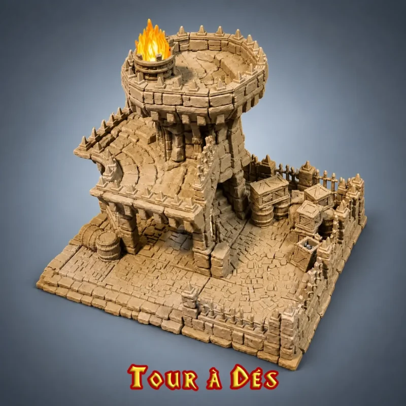 tour à dés donjon 3D avec brasier LED, accessoire JDR HeroQuest, imprimée PLA+ en atelier breton