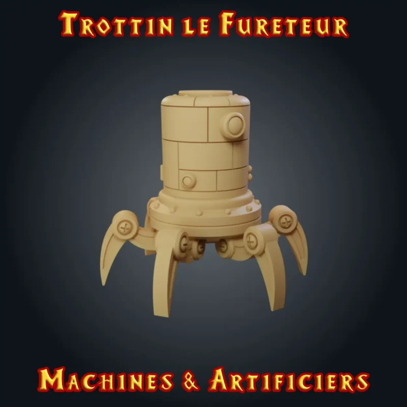 Trottin le fureteur Figurine Trottin : petit robot cylindrique sur pattes d'araignée, automate JDR en résine imprimé en atelier breton, base ronde ou carrée