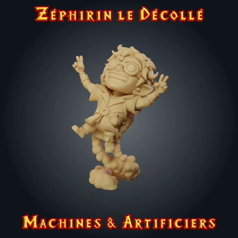 Zephirin le décollé - figurine heroquest et jdr Figurine résine à peindre : Zéphirin, gnome artificier en vol sur propulseur, imprimée en atelier breton