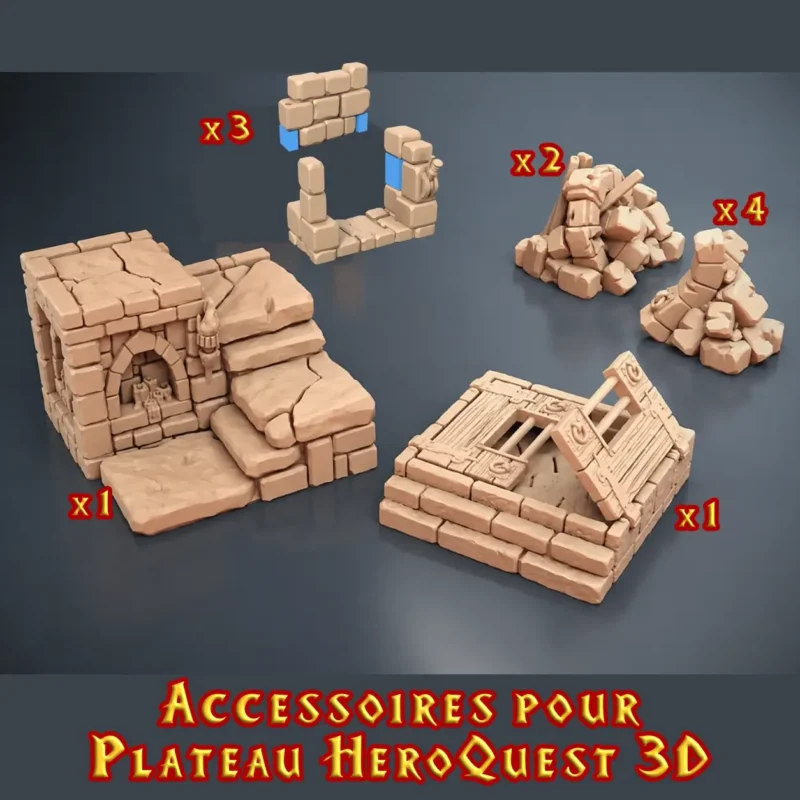 accessoires pour plateau de base Heroquest 3d lot d'accessoires plateau HeroQuest 3D : escalier, trappe, éboulis et portes secrètes, imprimés PLA+ en atelier breton