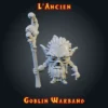 ancien gobelin figurine chaman gobelin L'Ancien en résine, bâton totem et collier de dents, Goblin Warband, imprimée 3D en atelier breton