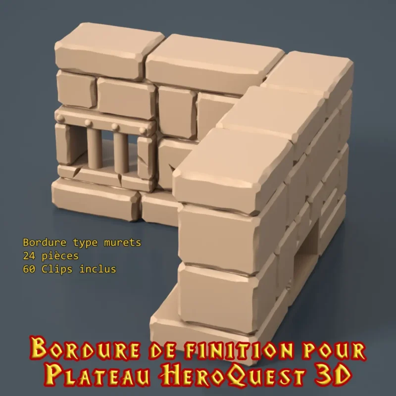 bordure de finition pour plateau HeroQuest 3D, types marches et murets à clipser, imprimée PLA+ en atelier breton