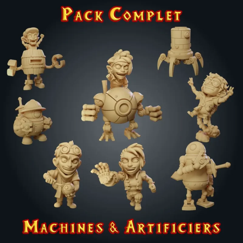 pack complet machines et artificiers - figurines compatibles heroquest et jdr Pack figurines HeroQuest : les 8 figurines de la gamme Machines et Artificiers, gnomes, gobelin et robots, résine imprimée en atelier breton