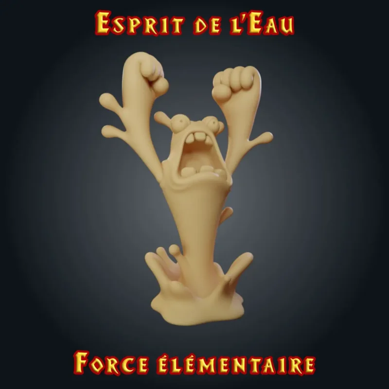 Esprit de l-eau Figurine esprit de l'eau en résine : petit élémentaire jaillissant d'une flaque, bras levés et bouche grande ouverte, gamme Force Élémentaire