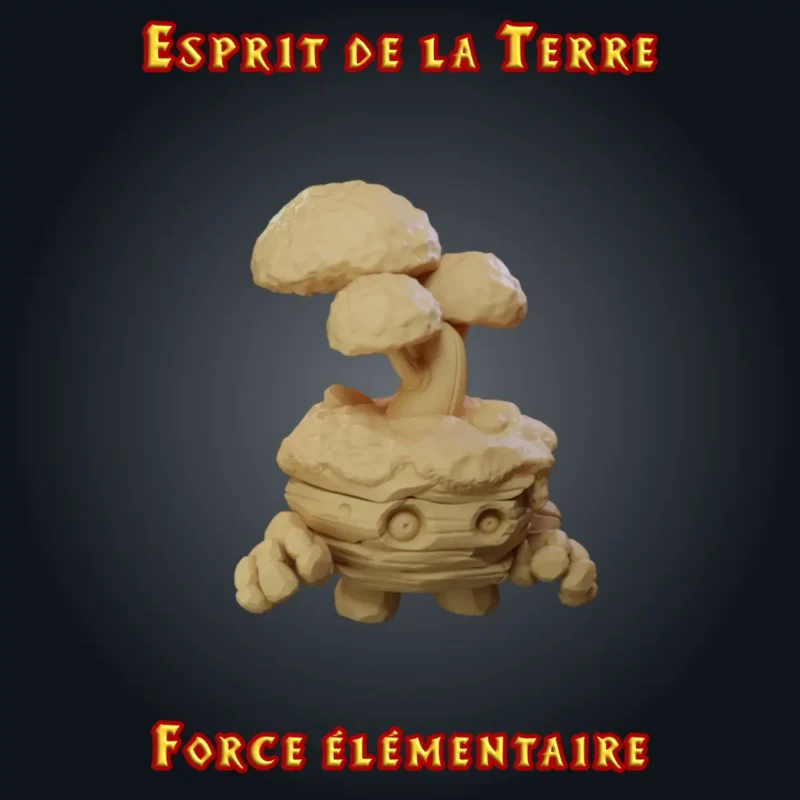 Esprit de la Terre Figurine esprit de la terre en résine : petit élémentaire de souche et de pierre portant un arbre, gamme Force Élémentaire