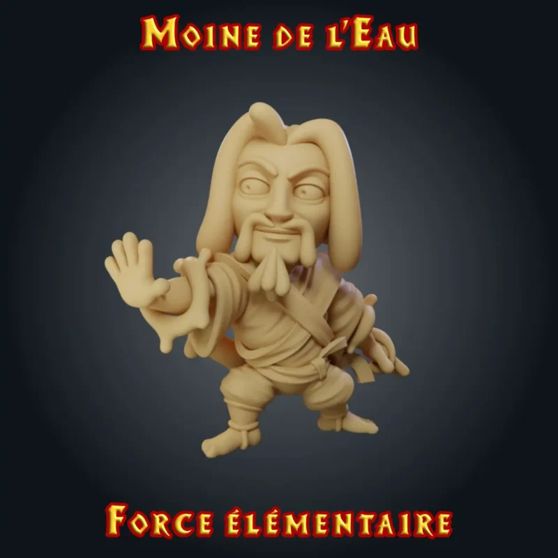 Moine de l-eau Figurine moine de l'eau : maître d'arts martiaux à la longue moustache, garde souple paume ouverte, résine imprimée en atelier breton, base ronde ou carrée