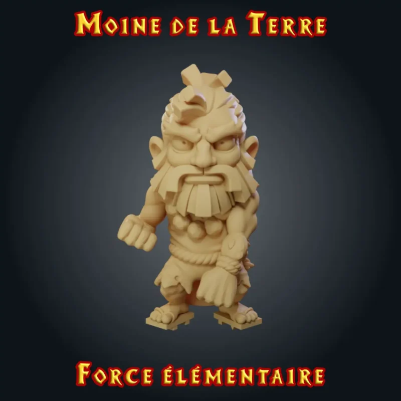Moine de la Terre Figurine moine de la terre : maître d'arts martiaux trapu à la barbe de pierre, résine imprimée en atelier breton, base ronde ou carrée