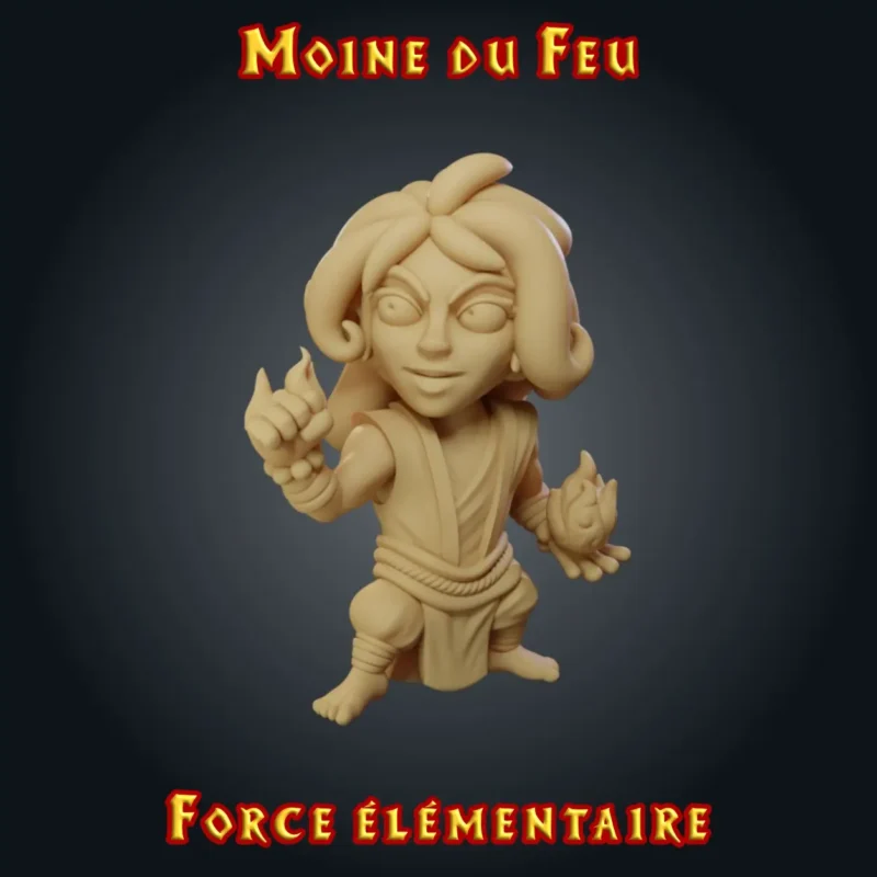 Moine du Feu Figurine moine du feu : jeune combattante aux poings enflammés en garde offensive, résine imprimée en atelier breton, base ronde ou carrée