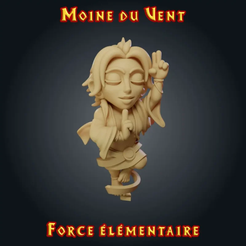 Moine du Vent Figurine moine du vent : maîtresse d'arts martiaux en lévitation, yeux clos et doigts en méditation, résine imprimée en atelier breton, base ronde ou carrée