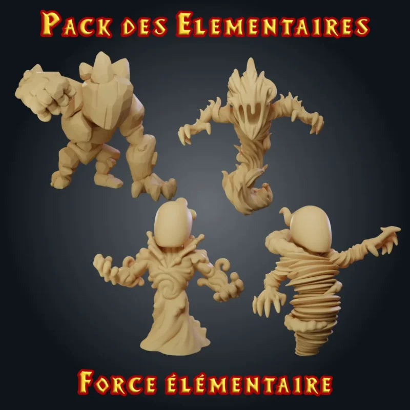 Pack des élémentaires Pack figurines élémentaires : les 4 élémentaires terre, feu, eau et vent en résine, imprimés en atelier breton