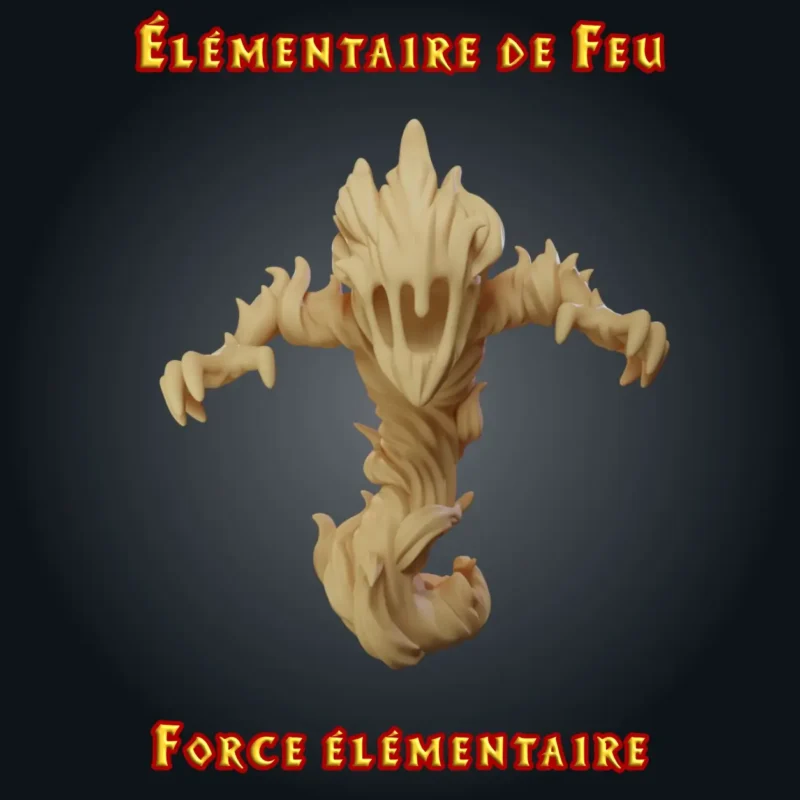 élémentaire de Feu Figurine élémentaire de feu : esprit de flammes aux bras griffus, résine imprimée en atelier breton, base ronde ou carrée