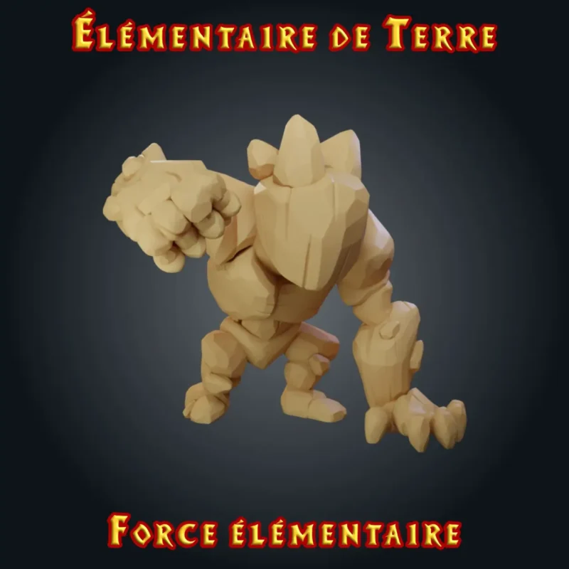 élémentaire de Terre Figurine élémentaire de terre : golem de roche facettée en résine, imprimé en atelier breton, base ronde ou carrée