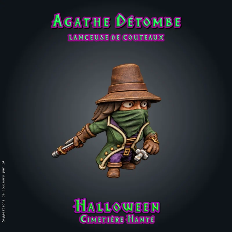 Agathe détombe-02 Agathe Détombe, figurine de lanceuse de couteaux masquée en résine 28-32 mm : chapeau à large bord, foulard sur le visage, long manteau, couteau dans chaque main, posture accroupie