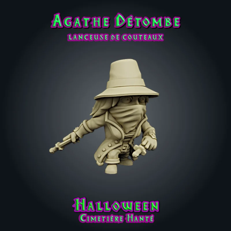 Agathe Détombe, figurine de lanceuse de couteaux masquée en résine 28-32 mm : chapeau à large bord, foulard sur le visage, long manteau, couteau dans chaque main, vue brute