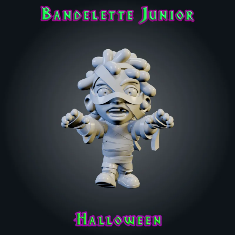 Bandelette Junior, figurine de petite momie en résine 28 mm aux bras tendus, bandelettes qui se défont, cheveux bouclés et dent manquante