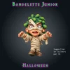 Bandelette Junior-02 Bandelette Junior, figurine de petite momie en résine 28 mm aux bras tendus, bandelettes qui se défont, cheveux bouclés et dent manquante colorisée par IA
