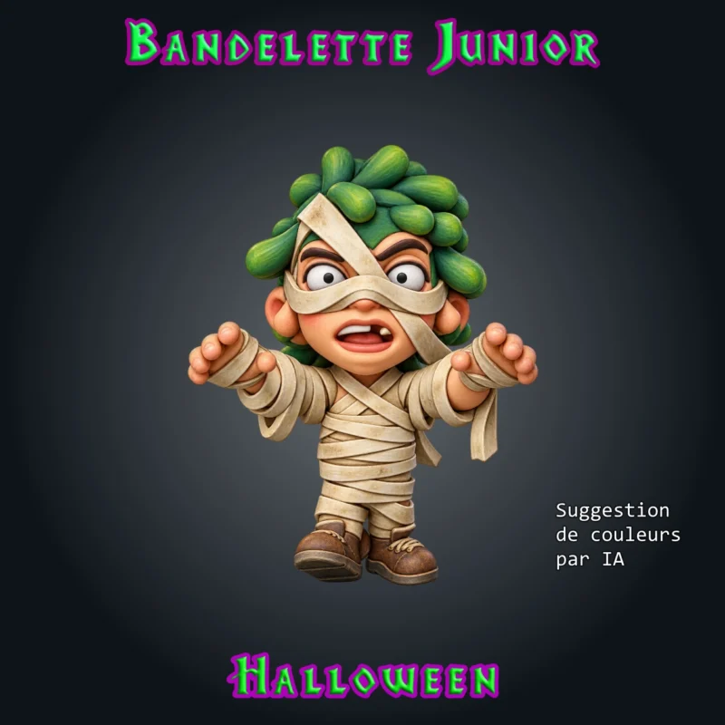 Bandelette Junior-02 Bandelette Junior, figurine de petite momie en résine 28 mm aux bras tendus, bandelettes qui se défont, cheveux bouclés et dent manquante colorisée par IA