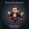 Baron Saignefort-01 Baron Saignefort, figurine de vampire en résine 28 mm, bras ouverts, cape à haut col, jabot et crocs, avec une nuée de petites chauves-souris dans la cape