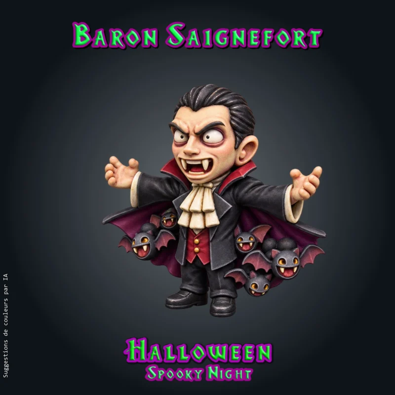 Baron Saignefort-01 Baron Saignefort, figurine de vampire en résine 28 mm, bras ouverts, cape à haut col, jabot et crocs, avec une nuée de petites chauves-souris dans la cape