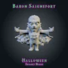 Baron Saignefort-02 Baron Saignefort, figurine de vampire en résine 28 mm, bras ouverts, cape à haut col, jabot et crocs, avec une nuée de petites chauves-souris dans la cape vue brute