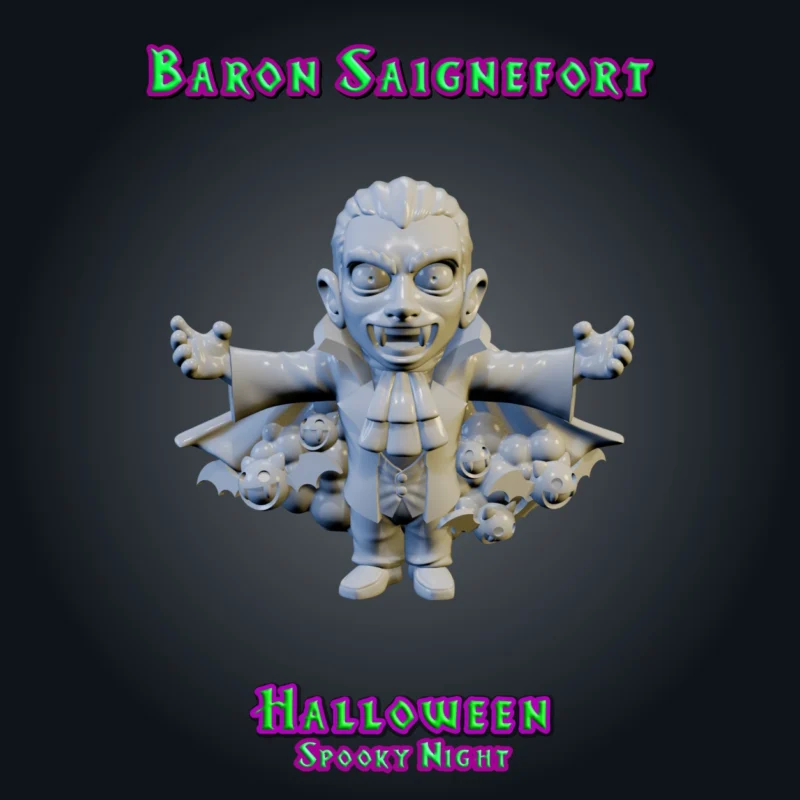Baron Saignefort, figurine de vampire en résine 28 mm, bras ouverts, cape à haut col, jabot et crocs, avec une nuée de petites chauves-souris dans la cape vue brute